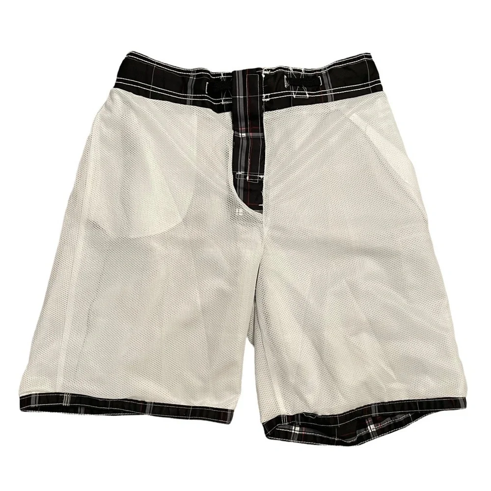 OP Black White Red Board Shorts Swim Trunks Windowpane pattern mesh lining Med